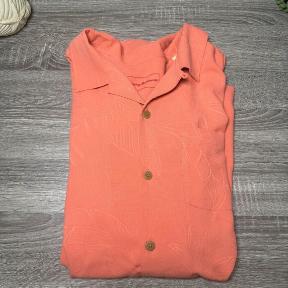 Tommy Bahama Other - Tommy Bahama Mens 100% Silk Shirt Size L Coral Floral Embroidered Button Down